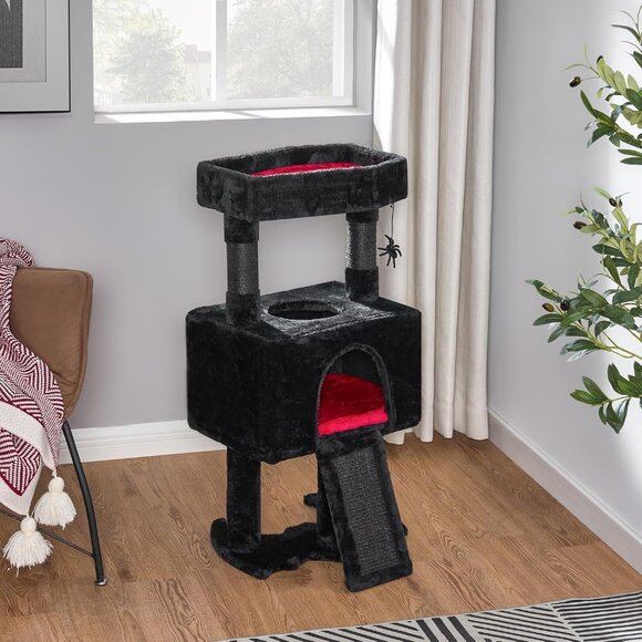 Gothic Cat Tree with Coffin Bed, Condo, Scratching Post & Spider Toy for Cats - Picture 5 of 9